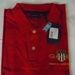 NWT GANT 1949 ARCHIVE SHIELD COTTON PIQUE POLO - RED - LARGE